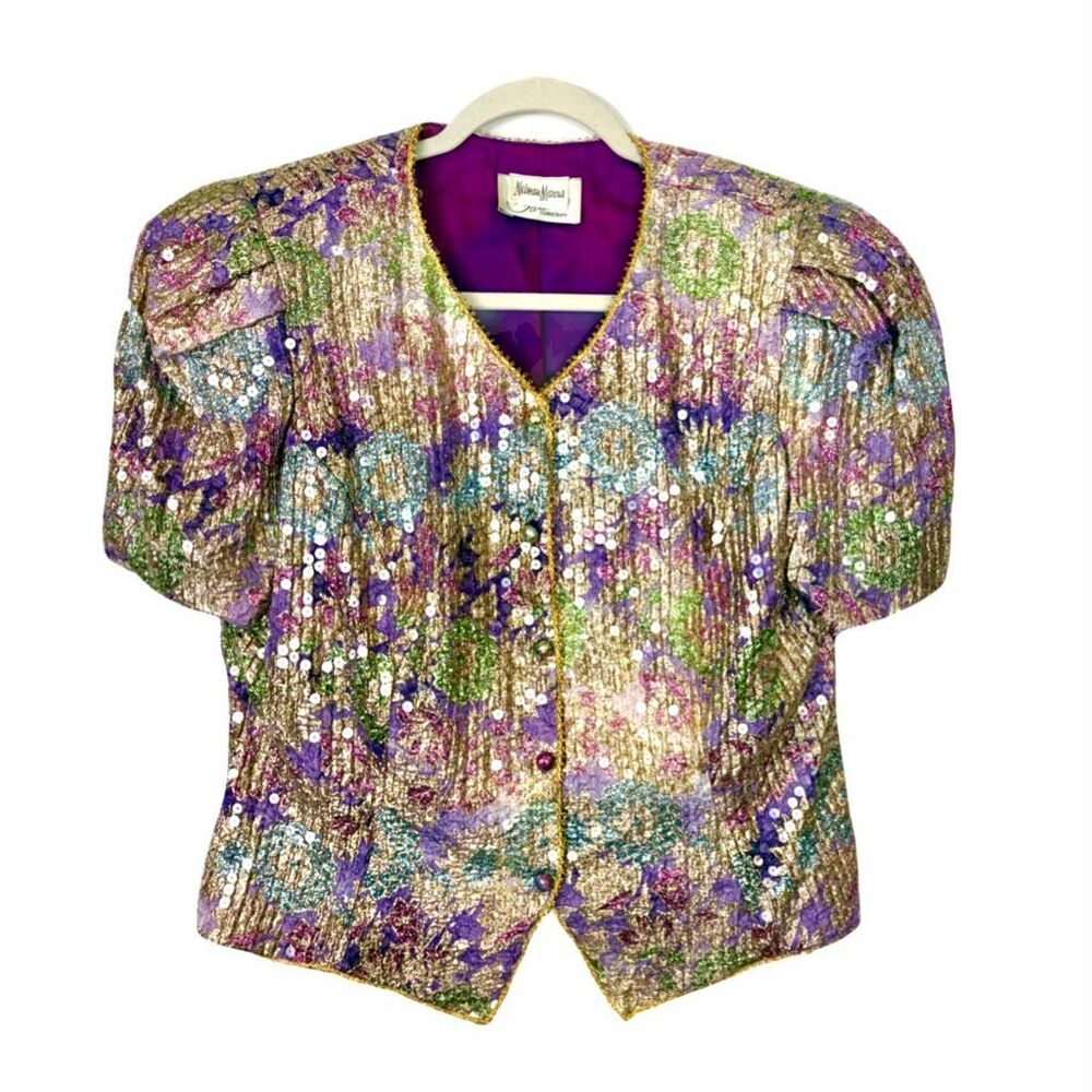 Neiman Marcus Farinae Blouse Rainbow 14 Pink Purple Sequin Floral Button V Neck